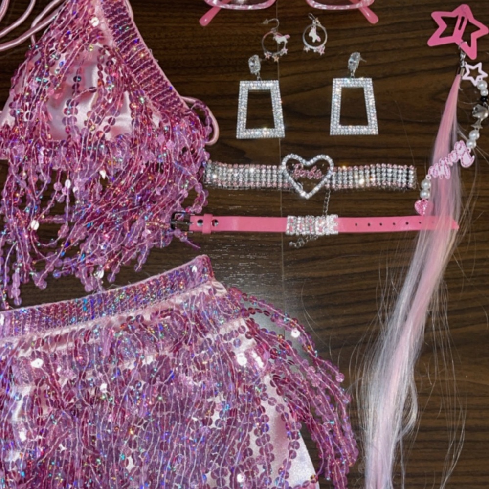 Pink Sequin Fringe Bikini Skirt Festival Set